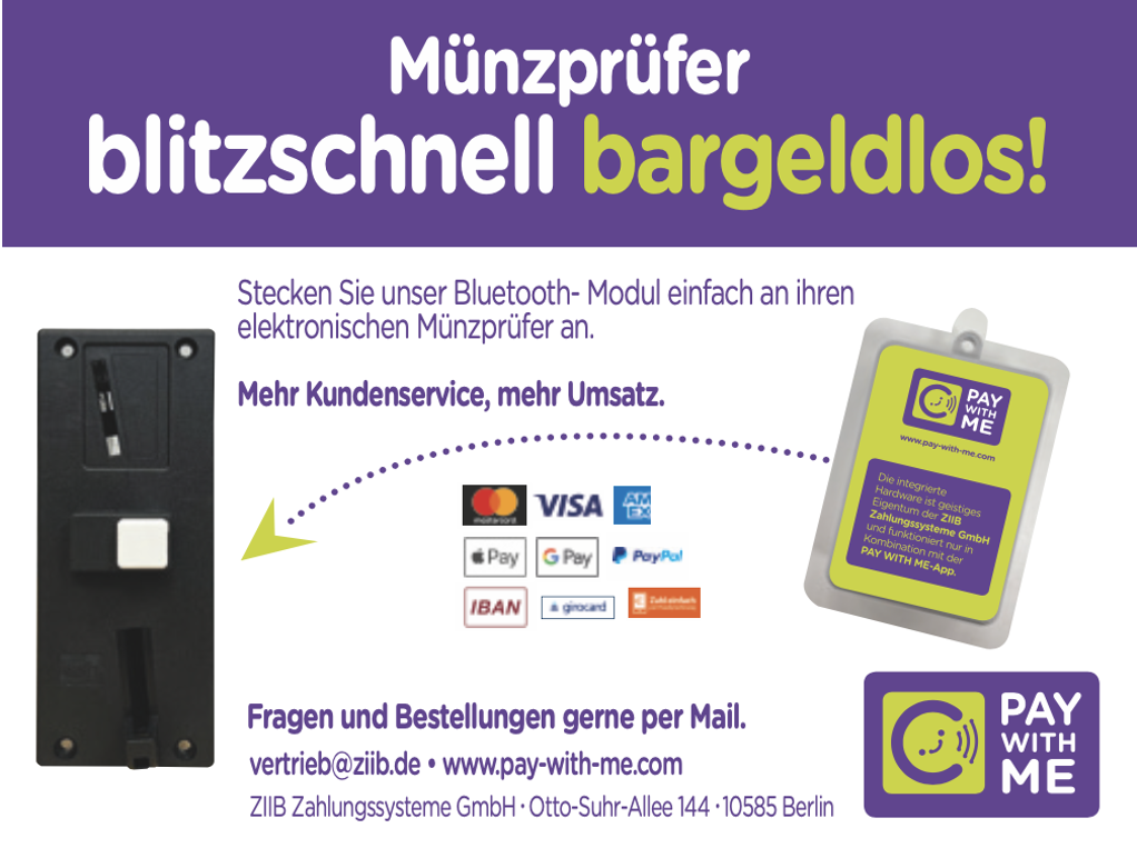 Informationsblatt zur Installation eines Bluetooth-Moduls für elektronische Münzprüfer zur mobilen Bezahlung via Pay with ME-App.